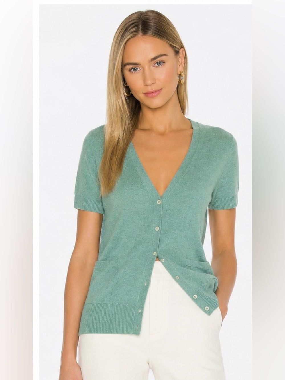 J.Crew 100% Cashmere Short Sleeve Cardigan Mint Green V Neck Sweater